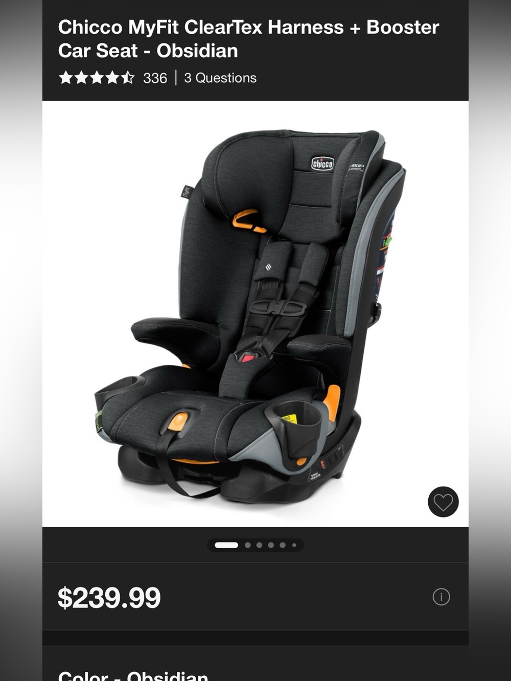 Chicco MyFit ClearTex 2in1 Car Seat Obsidian Black valid 2033 $250 high quality
